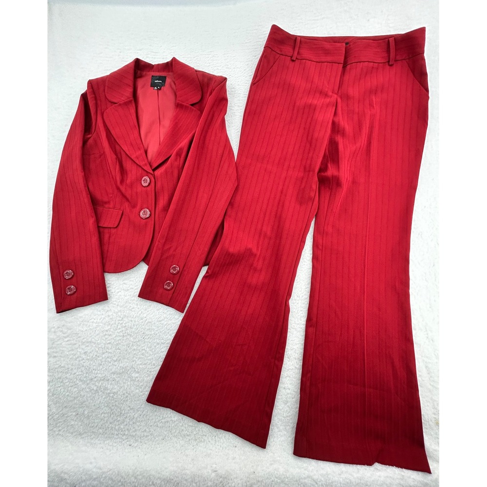 Takara Womens Red Pinstripe Pant Suit Blazer Wide Leg Trousers Set Size L 7